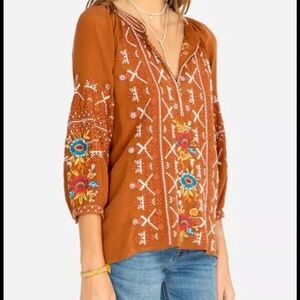 JOHNNY WAS WORKSHOP Talline Tie Back Womens Long Sleeve Embroidered Blouse